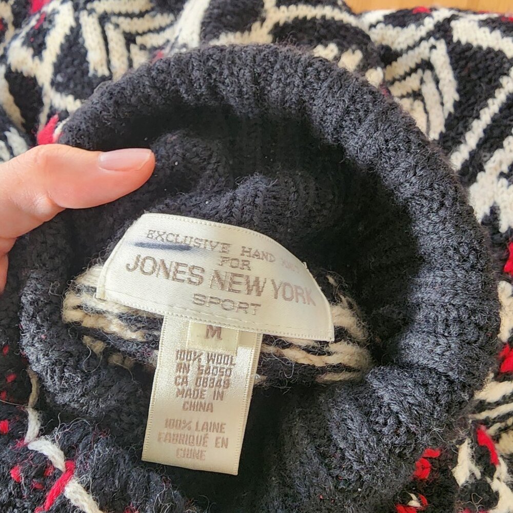 Vintage Jones New York Red Black White Wool Thick Turtleneck Oversized Sweater M - Picture 5 of 14